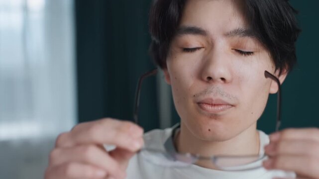 Young asian man at home cleaning glasses, inspects lenses, wipes frame with cloth, polishes mirror, adjusts fit, puts glasses on, smiles with clearer vision, focused careful routine