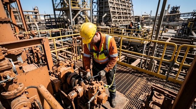 Industrial worker performing maintenance on machinery at a refinery plant.