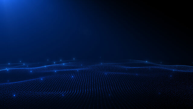 Abstract dark blue wave made of particles and shining blurred lights. Smooth movement of glowing energy from waves and dots, magical futuristic hi-tech background futuristic screensaver.