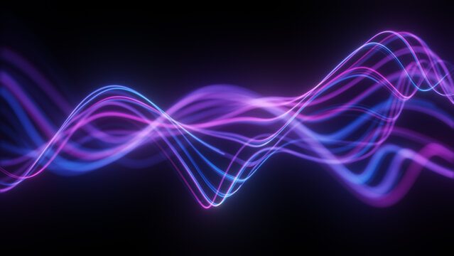 Abstract neon pink blue and purple flowing wave lines on dark background. Smooth luminous curves forming dynamic multicolor waveform soft glow and depth. Futuristic digital wave futuristic 
