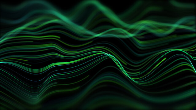 Green sound waves frequency on black background. Neon glowing audio waveform graph flowing smoothly, audio visualizer, sound analyzer screen, digital data wave, futuristic hi tech futuristic