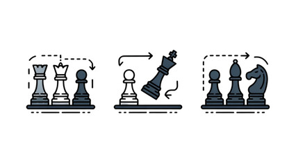 Chess pieces showing king capture and checkmate sequence with animated arrows Vector © AZIFA