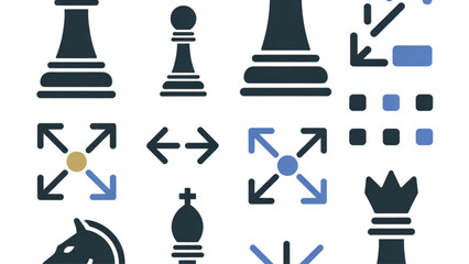 Chess pieces and arrows showing movement directions on a dark background Vector © AZIFA