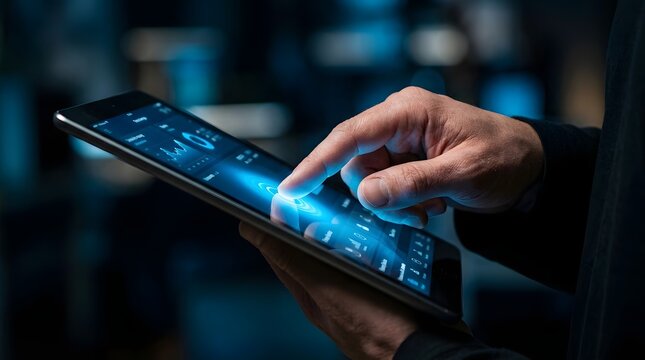 Businessman hand touching tablet screen with glowing blue data interface in dark office.