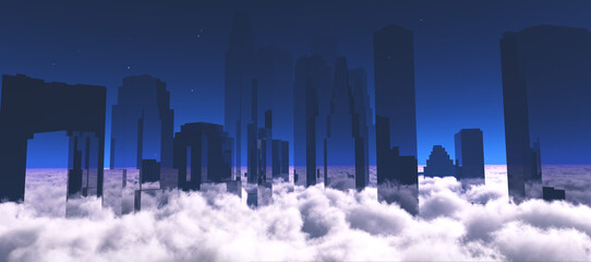 Skyscrapers, high-rise buildings from below against the background of the sky, cityscape, panorama of skyscrapers, 3D rendering © ustas