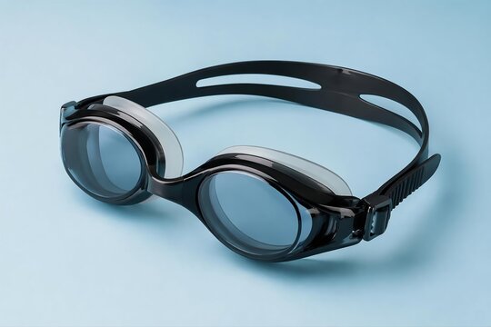 Black swimming goggles on a light blue background for aquatic sports