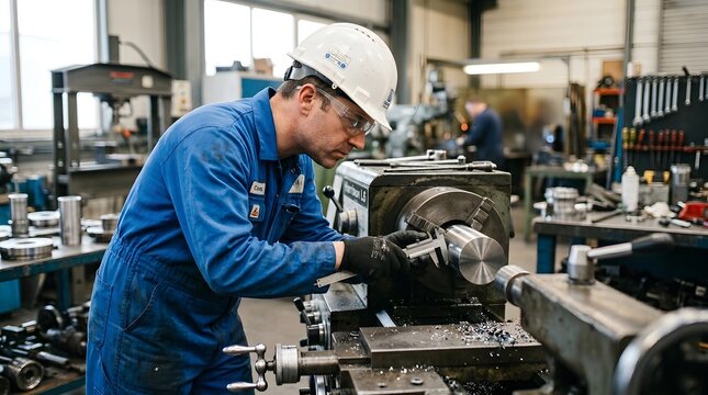 Male machinist operating a metal lathe in an industrial workshop setting.