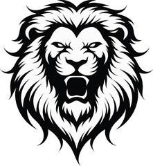 Obraz premium Fierce Lion Head, Black and White Vector Illustration, Roaring Animal Portrait, Wildlife Graphic