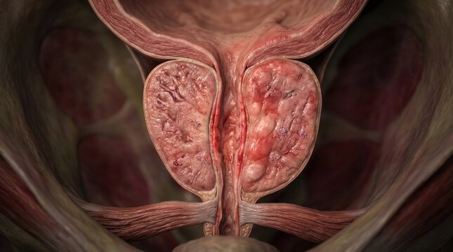 Prostatic health detail: prostate gland, male anatomy, zonal morphology, organ pathology, tissue inflammation, prostatitis condition, cellular damage, urinary system, adenoma disease, cancer risk.