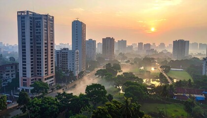 Fototapeta premium Misty Sunrise Over Urban Cityscape with Tall Buildings and Greenery