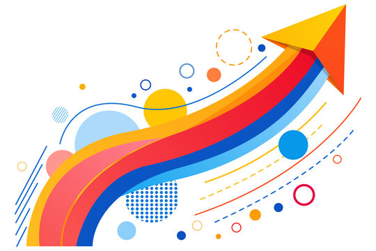 Colorful rising arrow with abstract shapes on transparent background