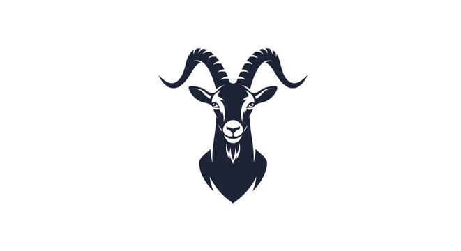 Goat head with curved horns facing.