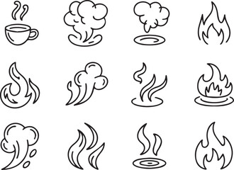 Fototapeta premium A set of 12 black line art icons depicting various fire and smoke symbols on a white background