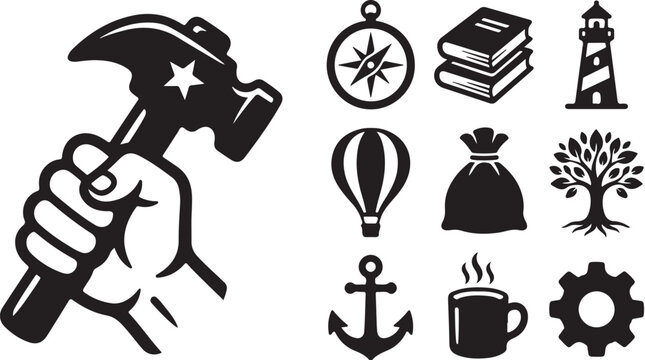 Hand holding hammer with star and various icons