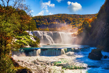 Strbacki Buk waterfall on the Una River in Bosnia and Herzegovina in autumn. Long exposure. © Milan