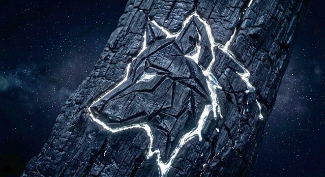 Extreme Macro Geometric Charred Wood Wolf with Liquid Silver Cracks 