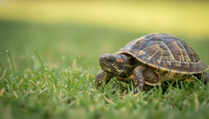 Obraz premium A pet turtle crawling on green grass in the backyard as a Domestic Animal Day concept highlighting slow-paced life and reptilian companions