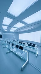 Fototapeta premium Futuristic white modern presentation room with glowing glass desks and large screen