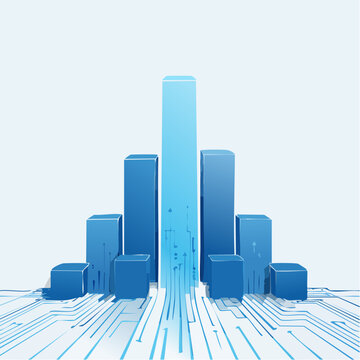 Abstract digital innovation concept with interconnected blue blocks expanding upward on a futuristic circuit board pathway