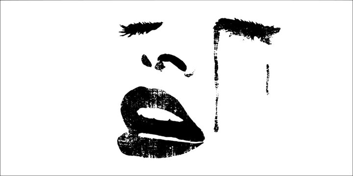 Black white ink crying angel face with high contrast lips and tear streak for dramatic poster and stencil background design