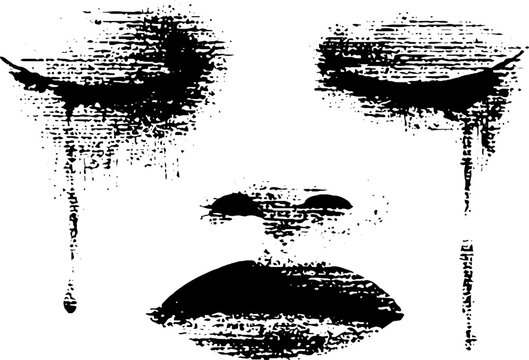 High contrast black white ink crying face with dripping eyes and textured lips for poster layout and stencil background design