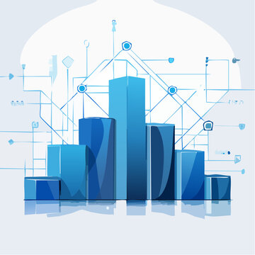 Abstract innovation concept with interconnected blue blocks expanding upward, showcasing futuristic data visualization and technological progress