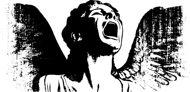 High contrast black and white screaming angel statue face with wings silhouette ink illustration for dramatic background poster banner