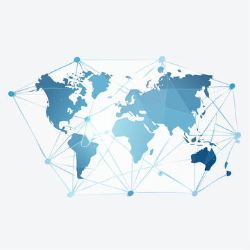 Modern polygonal world map showing global network connections, digital communication, and interconnected business illustration