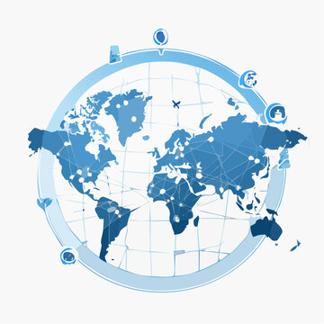 Digital economy concept with a world map represented by flowing data lines and glowing blue elements