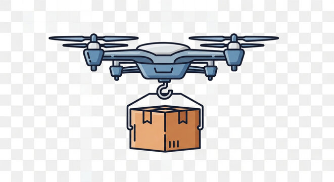 A drone carrying a cardboard package using a hook in a vector illustration style