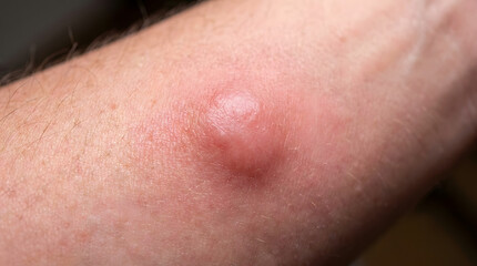 Fototapeta premium Close-up of Fresh Mosquito Bite with Redness and Swelling on Human Skin in Natural Light. Generative AI 