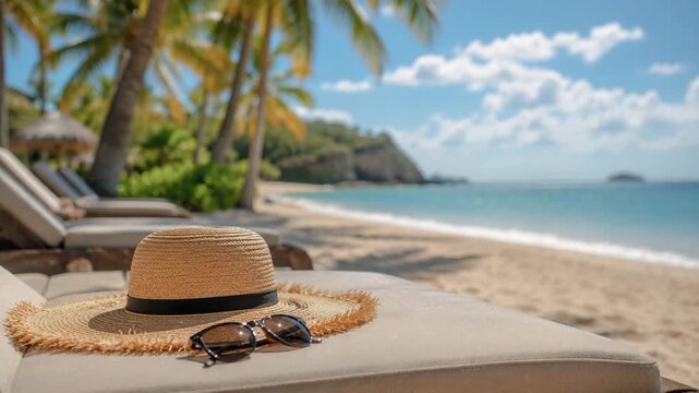 Straw sun hat and sunglasses resting on lounge chair at tropical resort beach shoreline with palm trees and ocean view