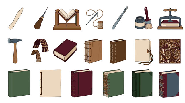 A comprehensive illustration depicting various bookbinding tools and a collection of historical books