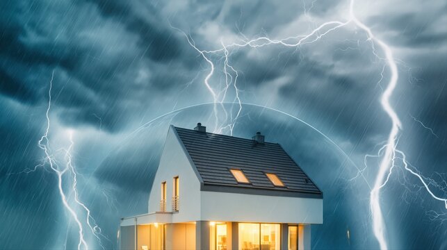 A modern home shines warmly under an invisible glass dome during a fierce thunderstorm. Ultimate protection and safety showcase an ultra-realistic property insurance concept.
