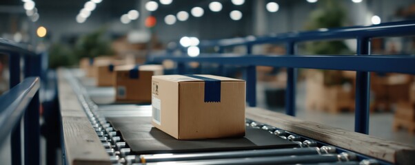 Obraz premium Neatly organized packages move along an automated conveyor system with blue structural elements. Crisp lighting highlights the precision and efficiency of warehouse logistics.