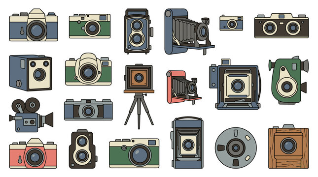 Illustration Set of Various Vintage Film Cameras in Different Shapes and Styles