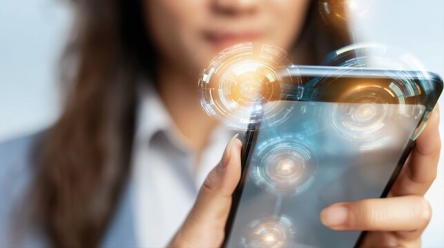 A close-up of a smartphone displays a glowing facial recognition payment confirmation screen. Futuristic biometric interface elements highlight modern fintech security.