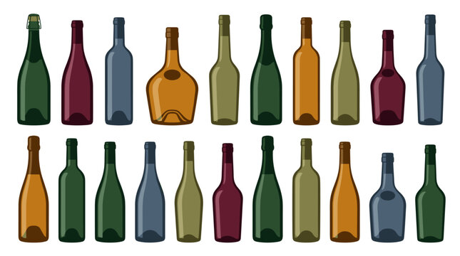 Illustration with various colorful empty bottles aligned horizontally 