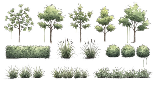 Watercolor Landscape Vegetation Vector Set with Trees Shrubs and Ornamental Grasses