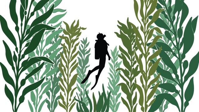 Scuba diver silhouette swimming inside deep green underwater kelp forest