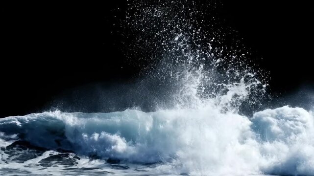 Dramatic ocean wave cresting, with a stark black backdrop