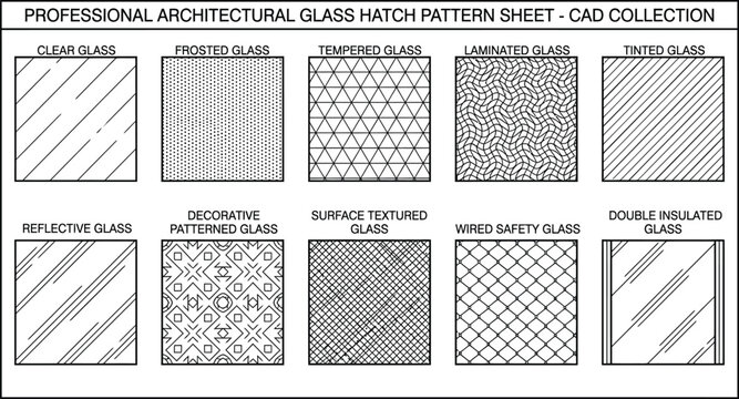 Professional architectural glass hatch pattern sheet for cad software collection featuring various glass textures including tempered laminated and reflective glass in vector format