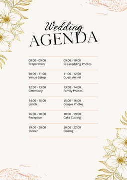 Elegant Wedding Agenda Planner with Floral Accents and Detailed Schedule