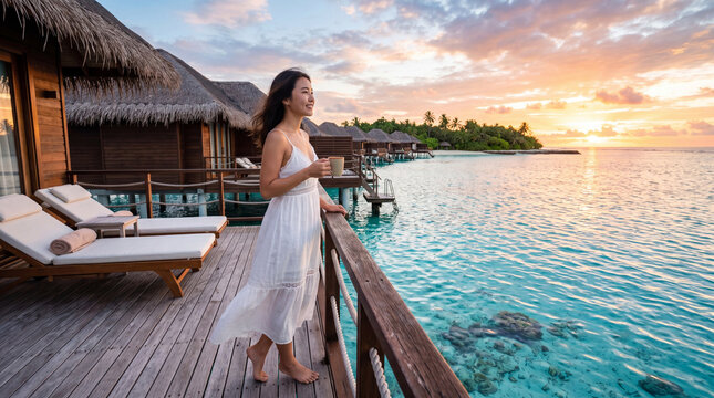 An Asian woman in a white dress enjoys a hot drink on a tropical overwater villa balcony during a breathtaking sunset, conveying absolute tranquility, luxury, and warmth.