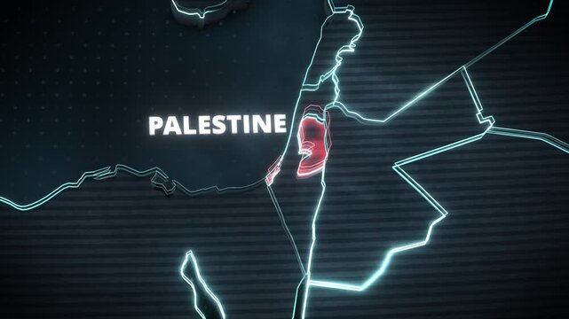Digital map animation of the Middle East featuring a glowing red pulsating alert highlight on Palestine and Gaza. Ideal for geopolitical news broadcasts, documentary graphics, and current event report