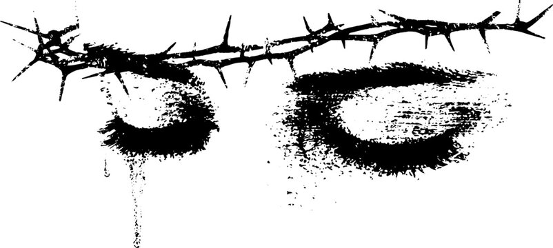 High contrast black and white crying eyes with thorn halo for poster background and stencil design