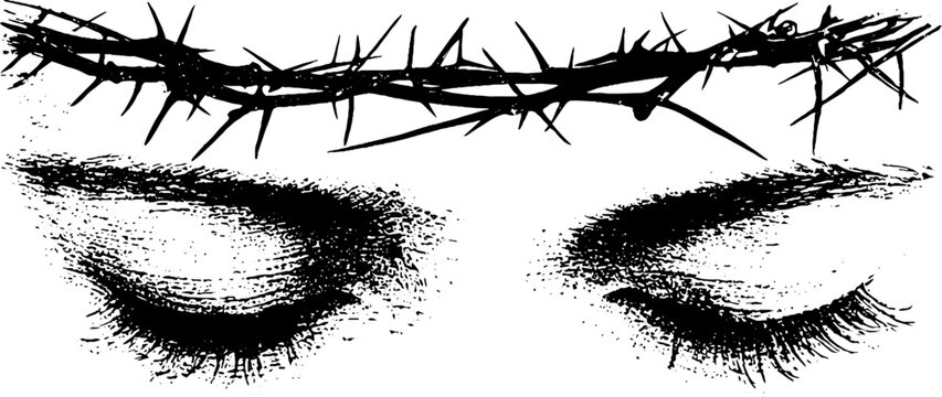Black white ink crying eyes with thorn halo and closed lashes in high contrast for dramatic poster and stencil background design