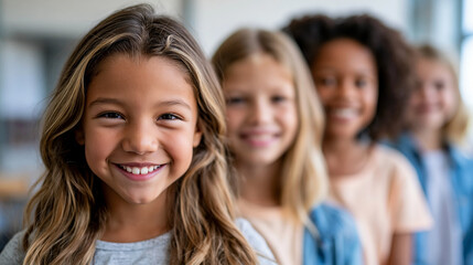 Obraz premium Close-up of diverse young students standing together smiling in a bright classroom, diversity in education concept, group student photography, inclusive school lifestyle,