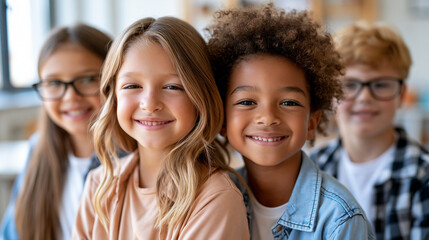 Fototapeta premium Close-up of diverse young students standing together smiling in a bright classroom, diversity in education concept, group student photography, inclusive school lifestyle,