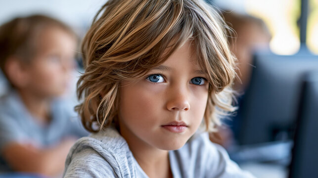 Close-up of children intently looking at computer screens in a school computer lab, focused digital concept, student screen photography, tech learning visualization, defocused